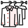 Ikone von Kleiderbügeln mit Kleidung, in Schwarz-Rot-Weiß.